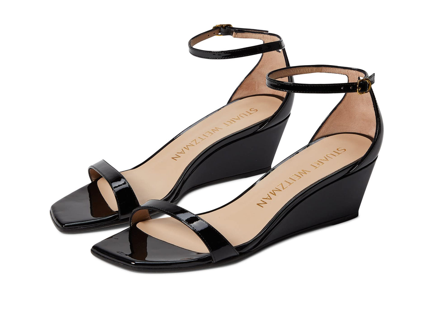 Stuart Weitzman Nudistcurve 50 Wedge Heels for Women - Leather Upper, Square-Toe with Thin Strap, and Adjustable Ankle Strap Black 10 B