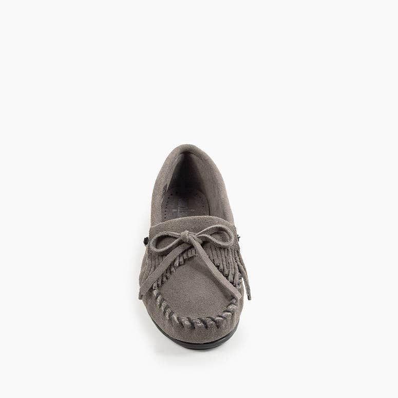 Minnetonka Women's Kilty Suede Hardsole Moccasin, Grey, 9.5 W US