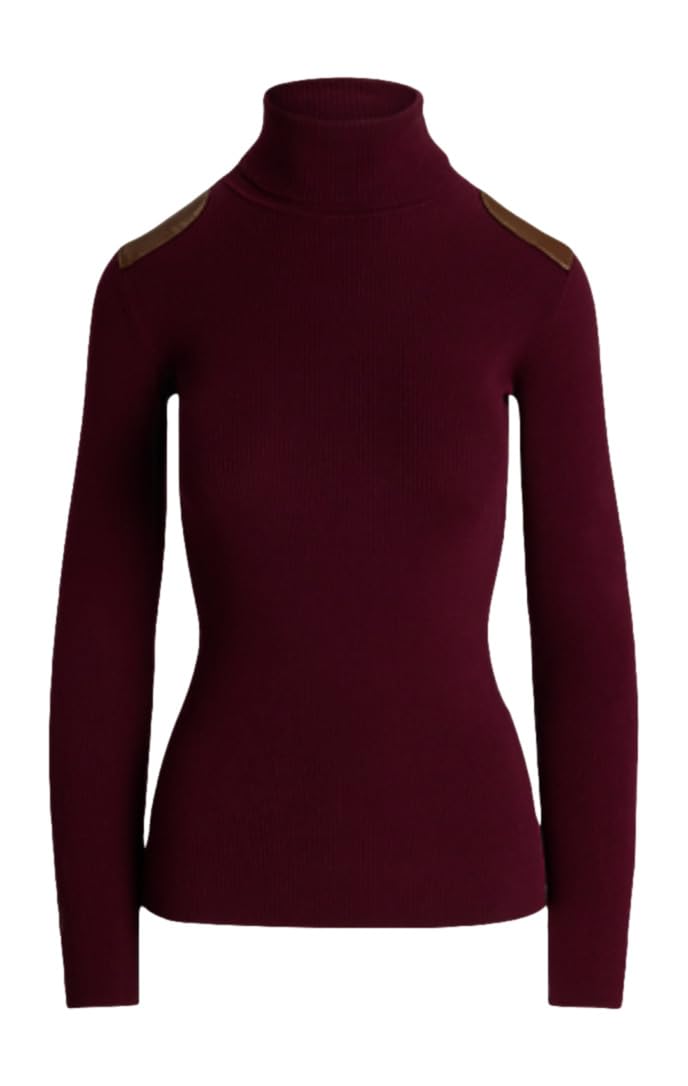 Lauren Ralph Lauren Womens Faux Leather-Trim Ribbed Turtleneck, Pinot Noir, Small