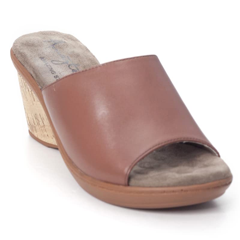 Amaztep Women's Platform Wedge Leather Sandal Open Toe Slip On Walking Comfortable Slide Sandals for Summer Dressy Casual (Brown, Size 6.5, Medium)