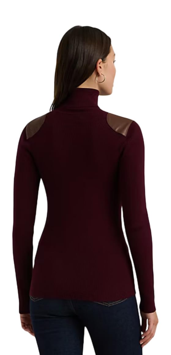Lauren Ralph Lauren Womens Faux Leather-Trim Ribbed Turtleneck, Pinot Noir, Small