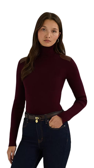 Lauren Ralph Lauren Womens Faux Leather-Trim Ribbed Turtleneck, Pinot Noir, Small
