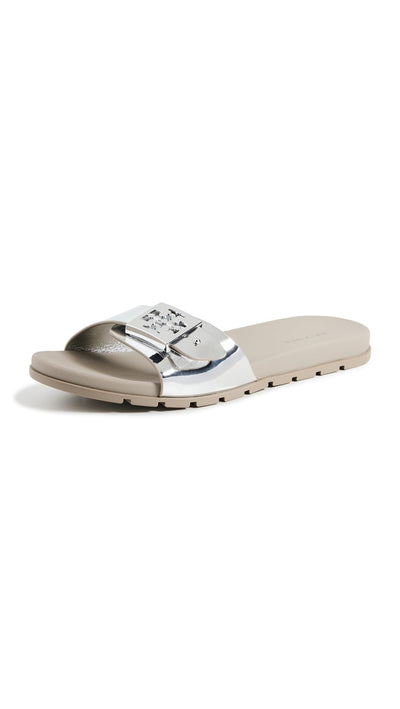 Tory Burch Women's Buckle Slides, Silver/Silver/Aluminum, 6 Medium US