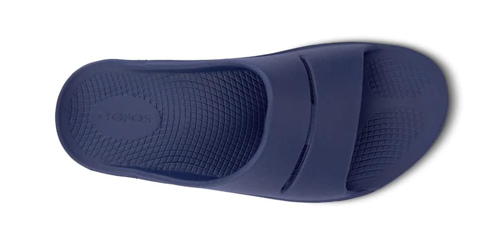OOFOS OOahh Slide, Navy Blue - Men’s Size 14, Women’s Size 16 - Lightweight Recovery Footwear - Reduces Stress on Feet, Joints & Back - Machine Washable