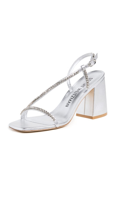 Stuart Weitzman Women's Soiree Crystal 85mm Block Sandals, Silver/Clear, 5.5 Medium US