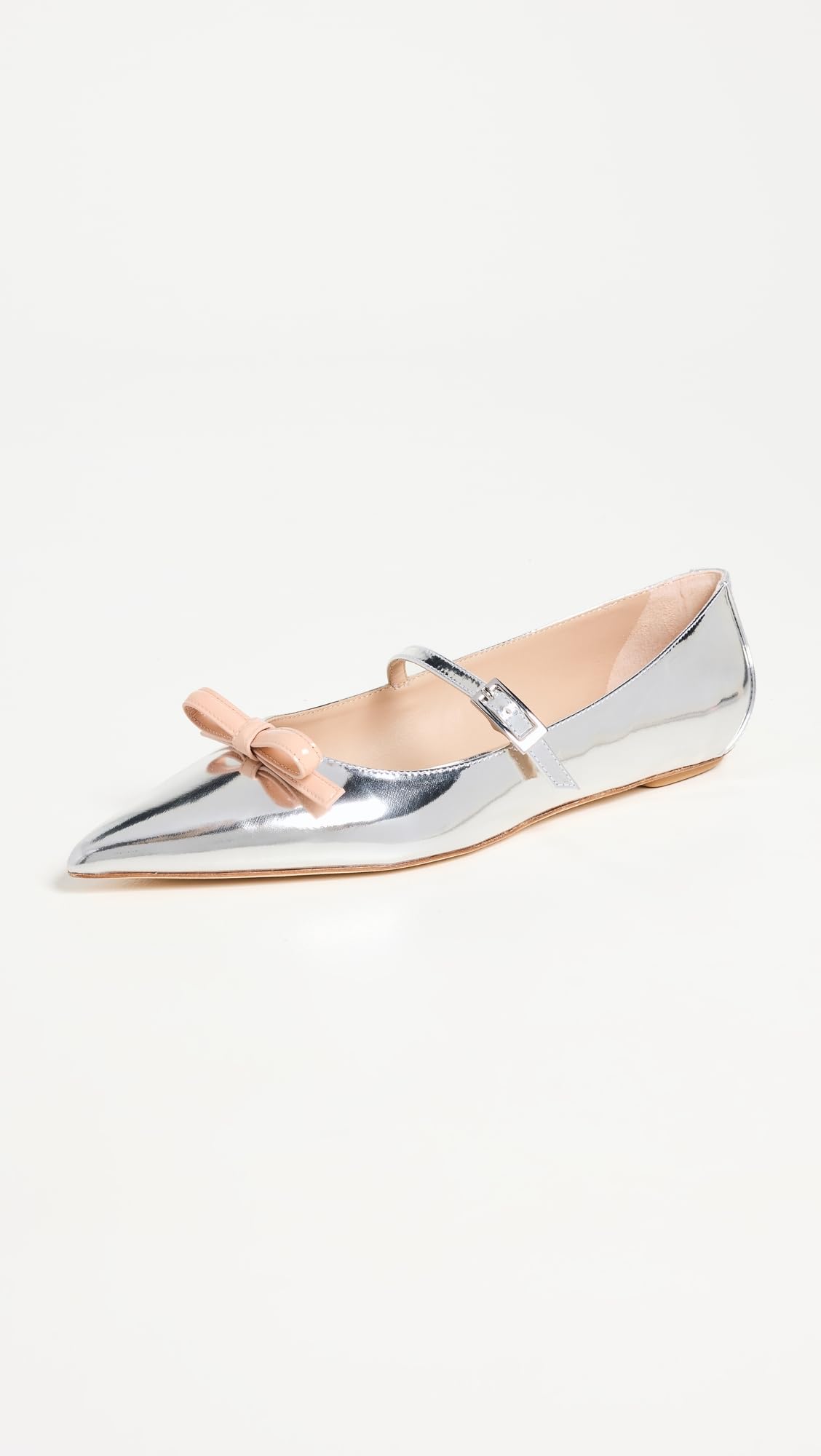 Stuart Weitzman Women's Felicity Bow Mary Jane Flats, Silver/Poudre, 9.5 Medium US