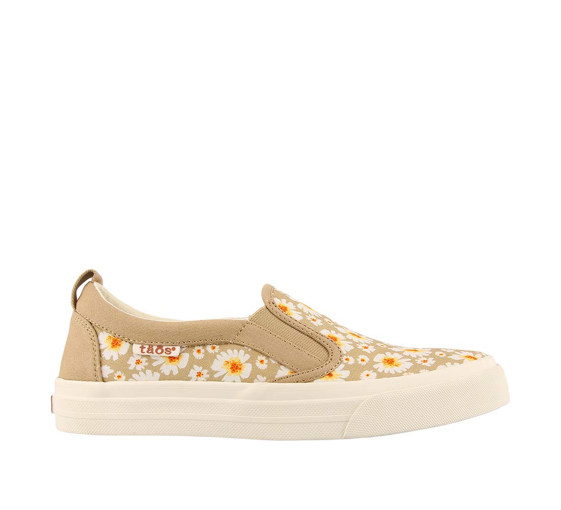 Taos Rubber Soul Slip-On Women's Sneaker - Fresh and Clean Canvas Design with Effortless Style, Removable Footbed and Arch Support - Elevated Comfort for All-Day Fashion Tan Daisy 7 M
