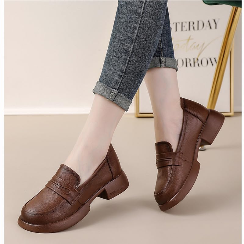 Gloritmo Women's Penny Loafers Low Chunky Heel Brown Leather Dress Shoes for Work US Size 6