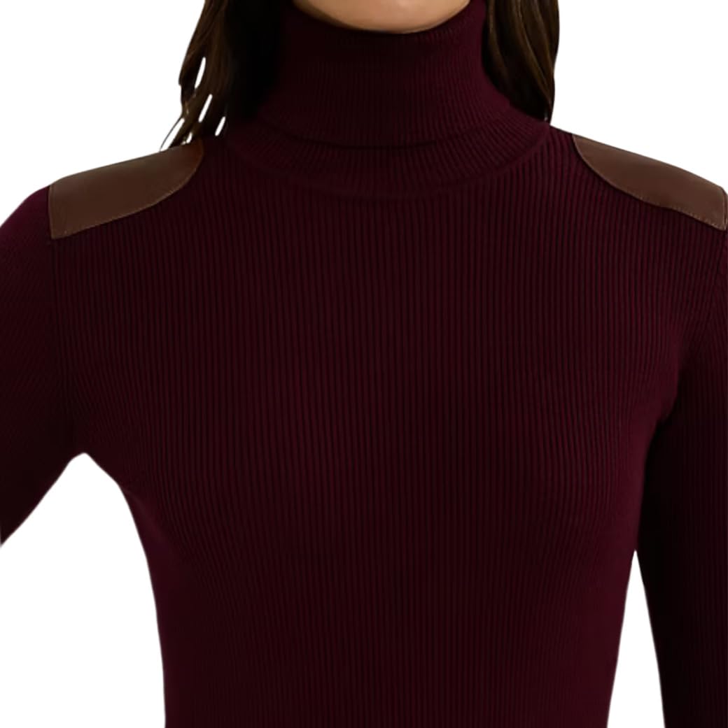 Lauren Ralph Lauren Womens Faux Leather-Trim Ribbed Turtleneck, Pinot Noir, Small