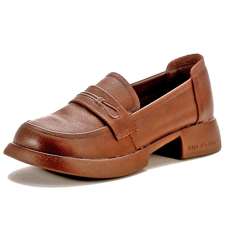 Gloritmo Women's Penny Loafers Low Chunky Heel Brown Leather Dress Shoes for Work US Size 6
