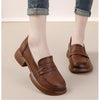 Gloritmo Women's Penny Loafers Low Chunky Heel Brown Leather Dress Shoes for Work US Size 6
