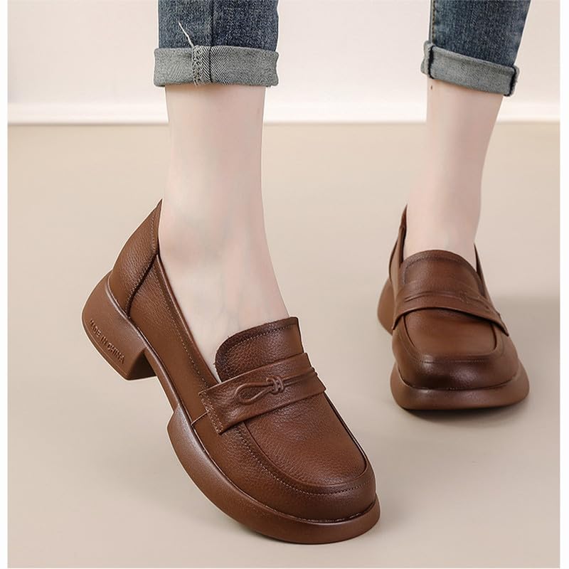 Gloritmo Women's Penny Loafers Low Chunky Heel Brown Leather Dress Shoes for Work US Size 6