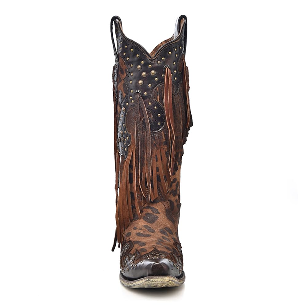 Corral Boots Women's Handcrafted Western Boots | Snip Toe Cowboy Boots with Leopard Print, Fringe and Stud Details