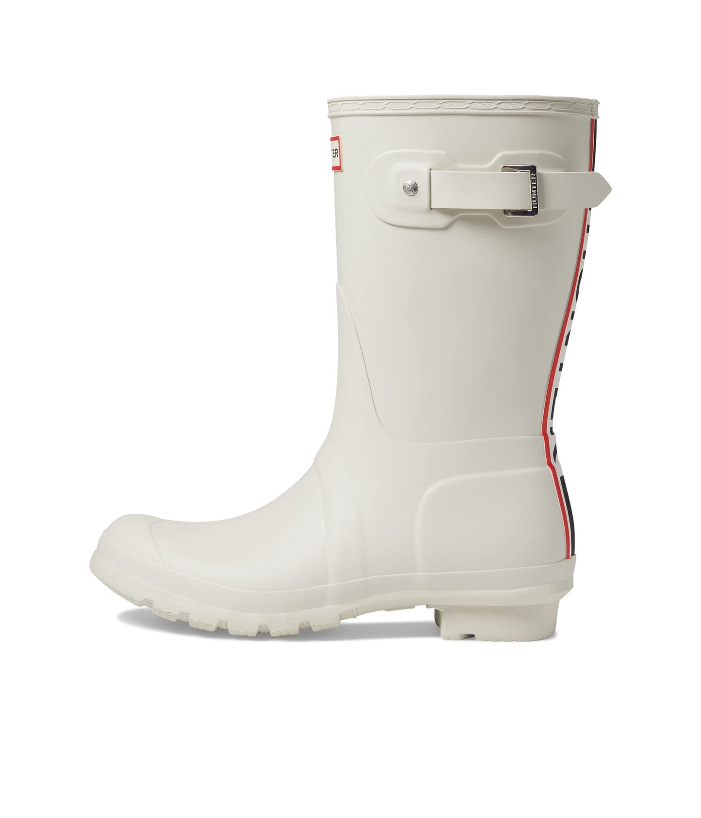 Hunter Original Short Logo Backstrap Boot for Women - Rubber Upper with Recycled Polyester Lining, and Buckle Closure White Willow 8 M