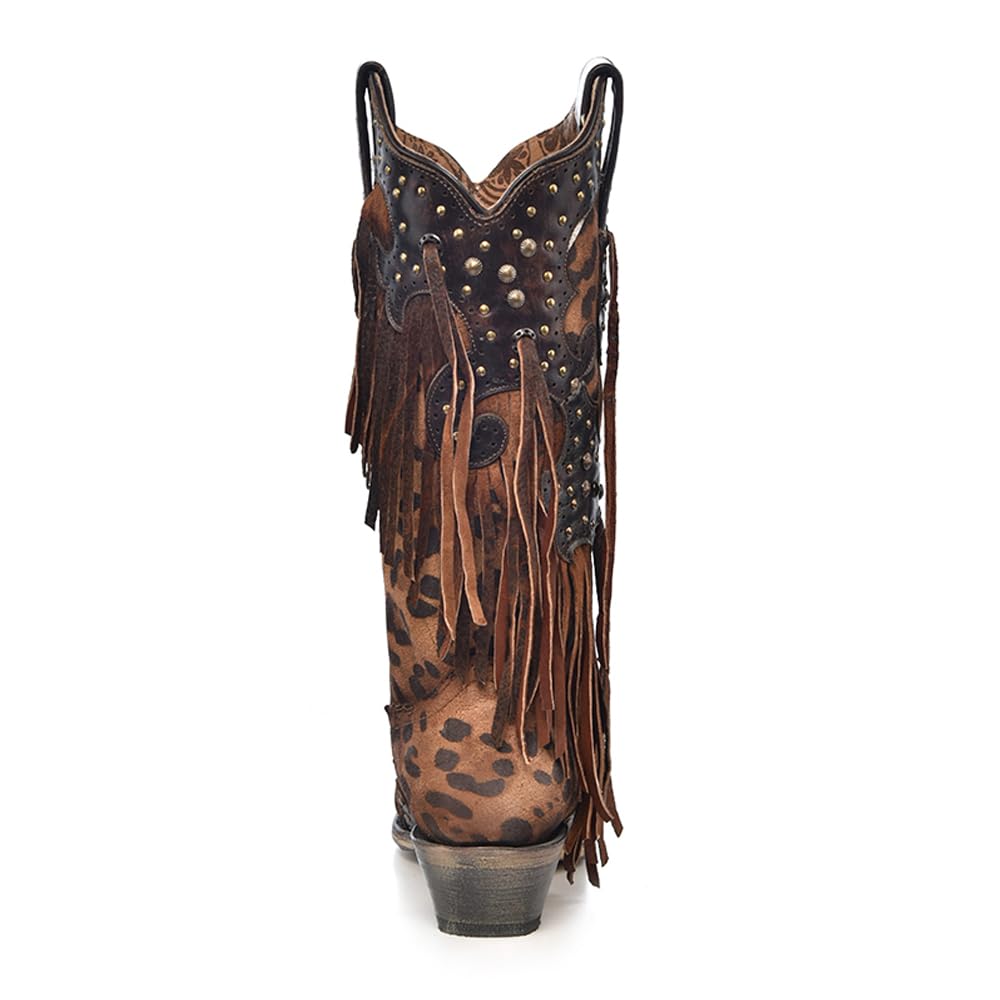 Corral Boots Women's Handcrafted Western Boots | Snip Toe Cowboy Boots with Leopard Print, Fringe and Stud Details
