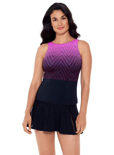 Reebok Women's Swimwear Endless Endurance High Neckline Soft Cup Tankini Bathing Suit Top, Pink, 10