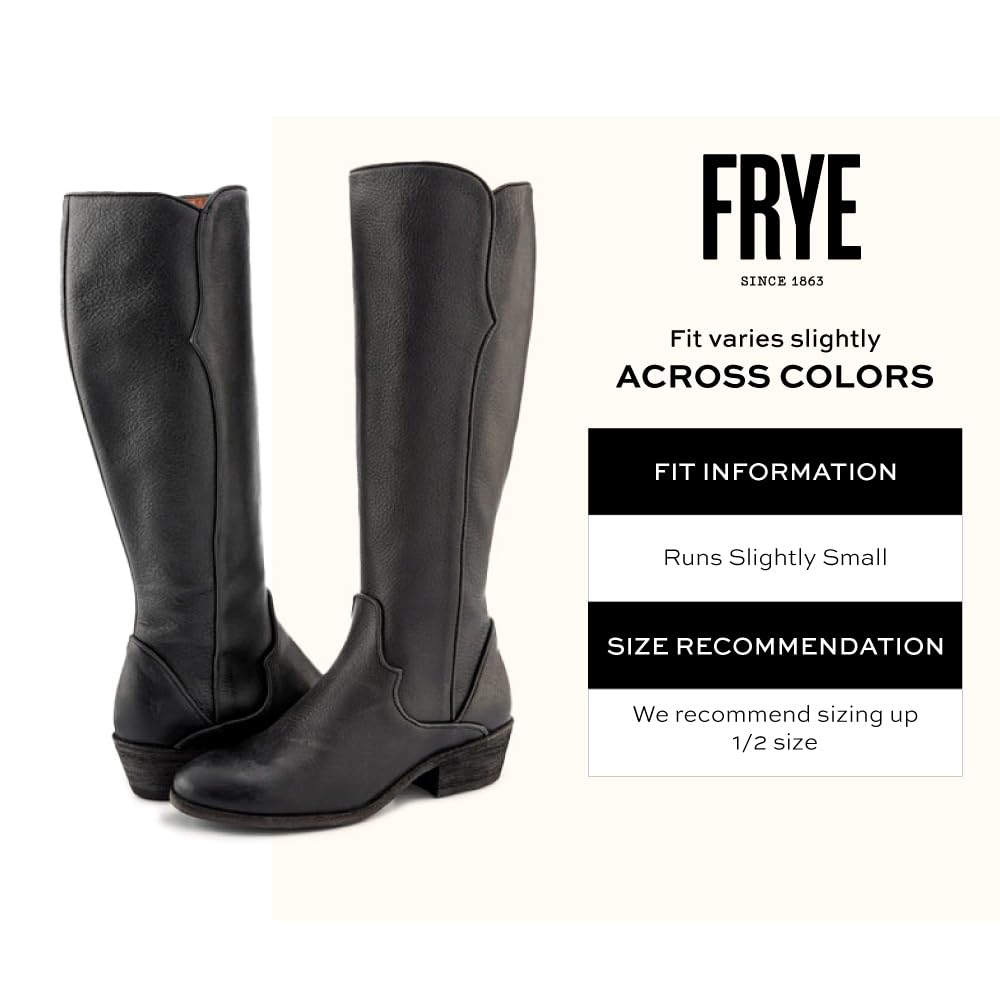 Frye Carson Piping Tall Boots for Women Made from Antiqued Pull-Up Leather with Western-Style Piping, Inside Zipper Closure, and Low Heel – 15" Shaft Height, Black - 7M