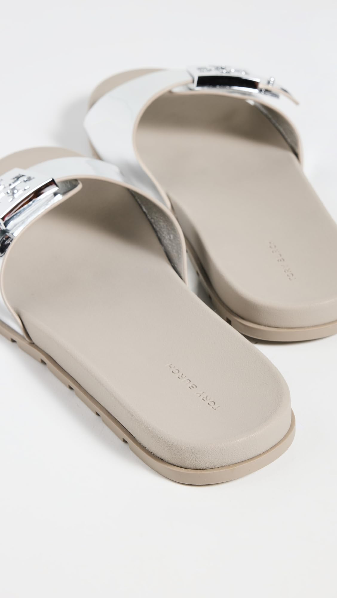 Tory Burch Women's Buckle Slides, Silver/Silver/Aluminum, 6 Medium US
