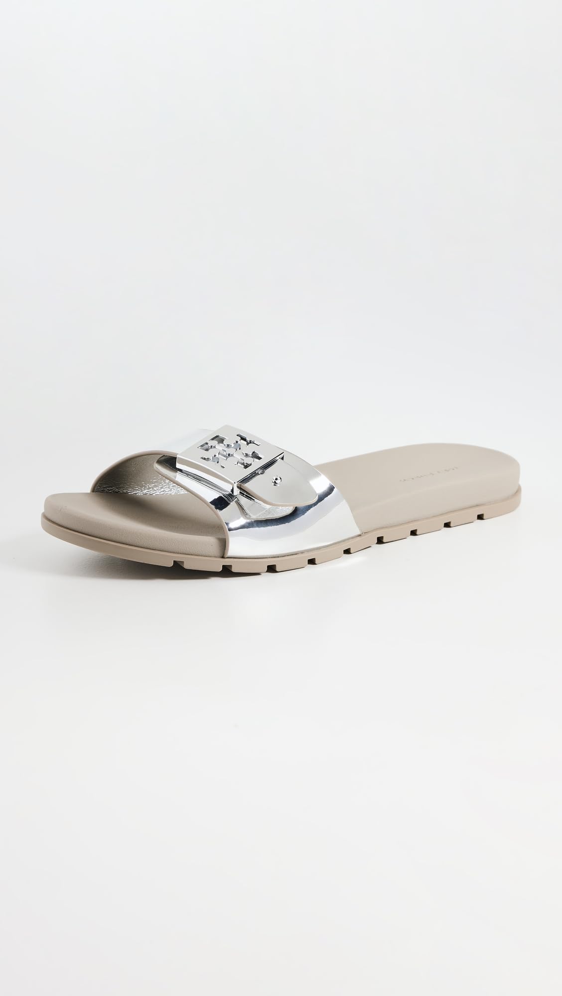 Tory Burch Women's Buckle Slides, Silver/Silver/Aluminum, 6 Medium US