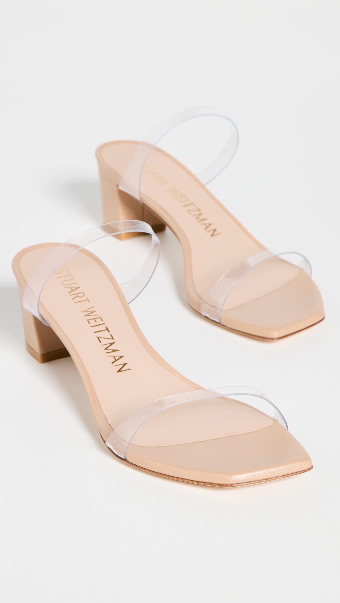 Stuart Weitzman Women's Aleena 50 Block Slides, Clear/Adobe, 9 Medium US