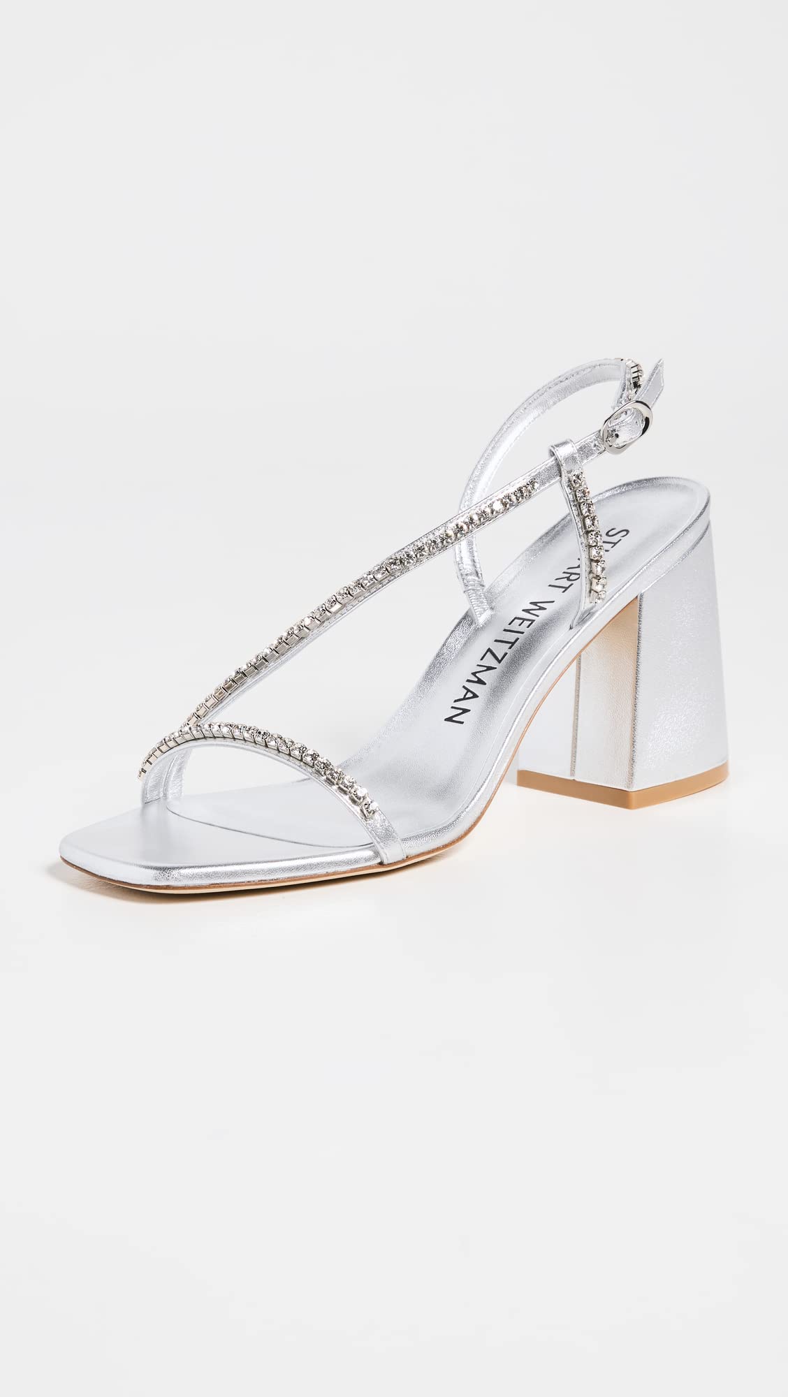 Stuart Weitzman Women's Soiree Crystal 85mm Block Sandals, Silver/Clear, 5.5 Medium US