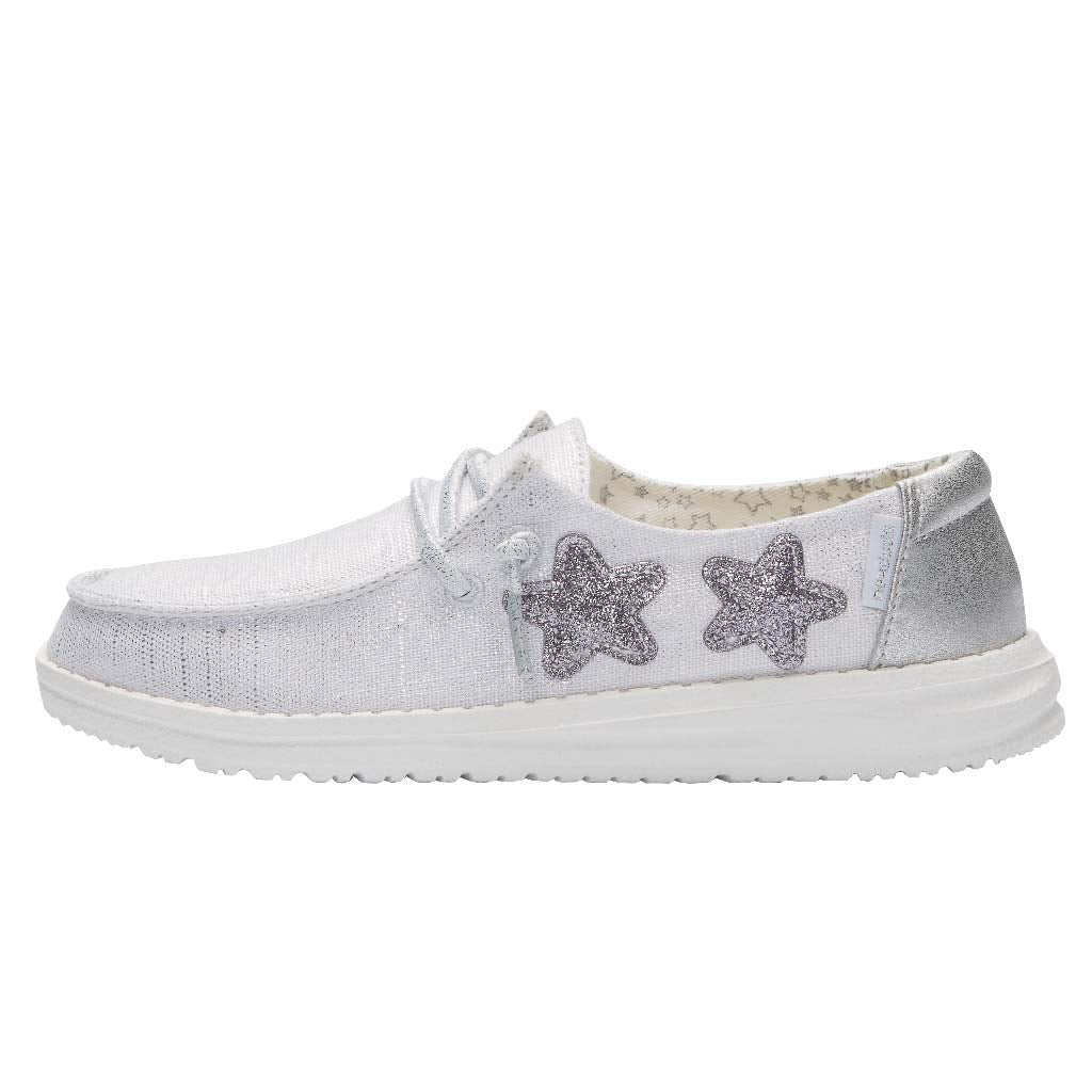HEYDUDE Girl's Wendy Toddler Star Sliver Size 8 | Girl’s Shoes | Girl’s Lace Up Loafers | Comfortable & Light-Weight