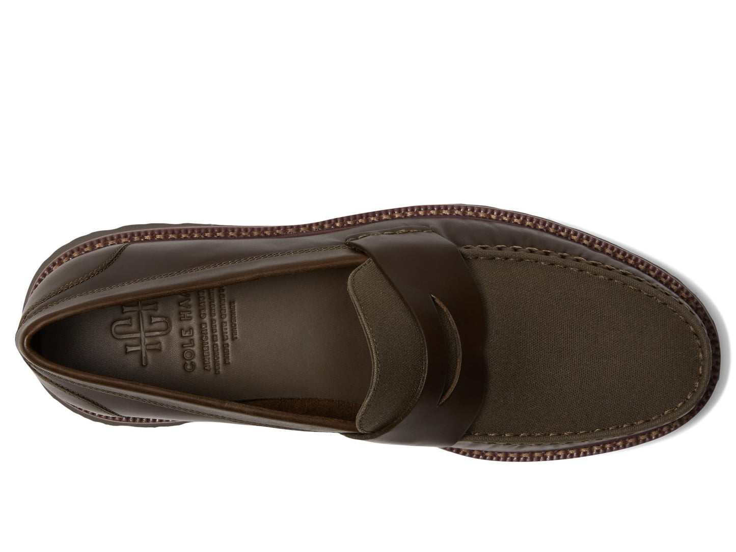 Cole Haan Mens American Classics Penny Loafers Deep Olive Leather/Morel Waxed Canvas 10.5 Wide