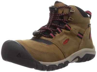 KEEN Big Kid's Ridge Flex Mid Height Waterproof Leather Hiking Boot, Bison/Red Carpet, 5 BK (Big Kid's) US