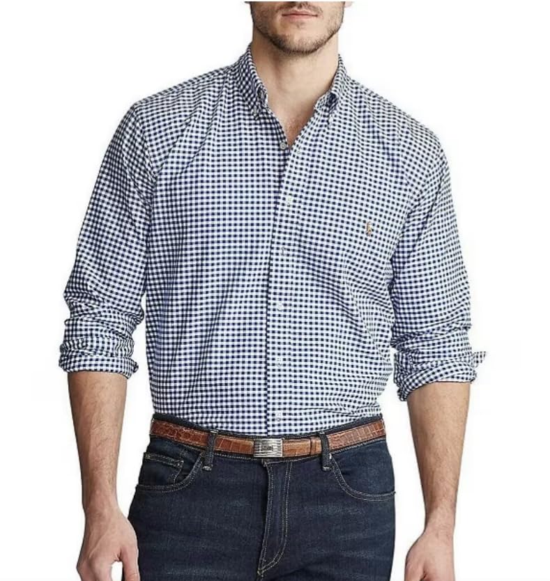 Polo ralph Lauren Mens Classic Long Sleeve poplin Shirt Navy/White Gingham 17.5