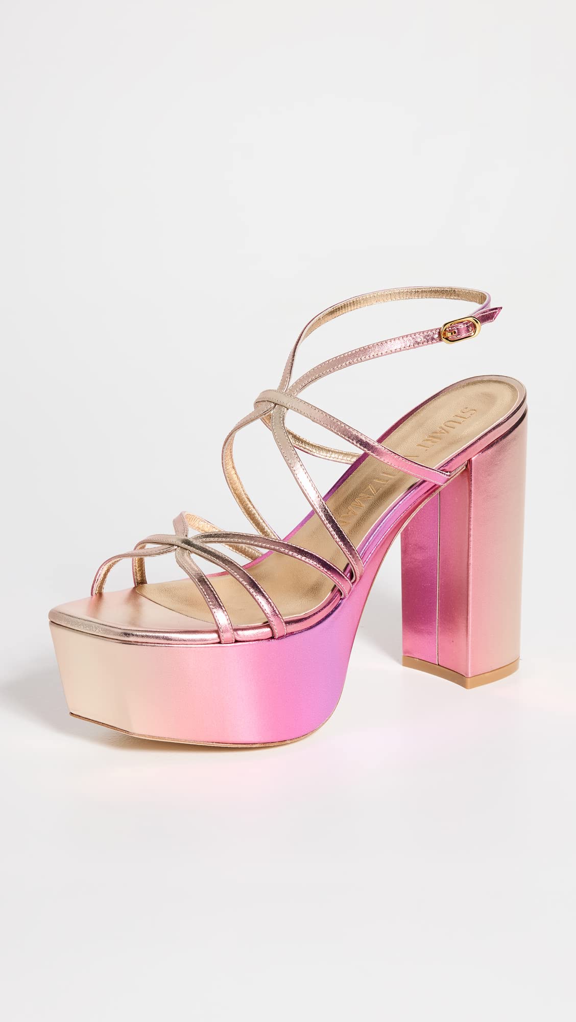 Stuart Weitzman Women's Barelythere Squarehigh Platform Sandals, Hot Pink Multi, 7.5 Medium US