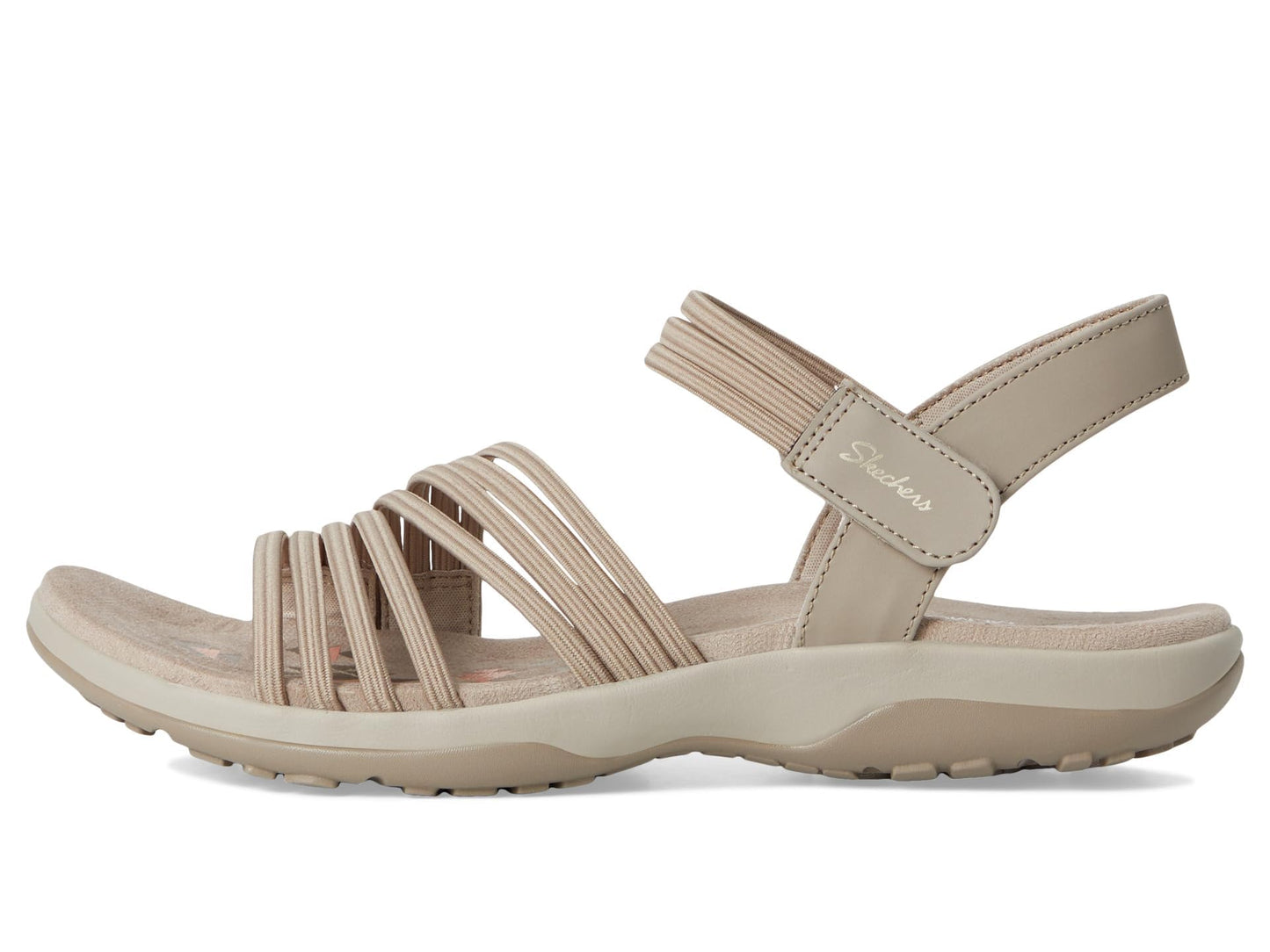 Skechers Women's REGGAE SLIM - COFFEE RUN, Adjustable Stretch Gore Sling Back Sandal, Taupe, 8M