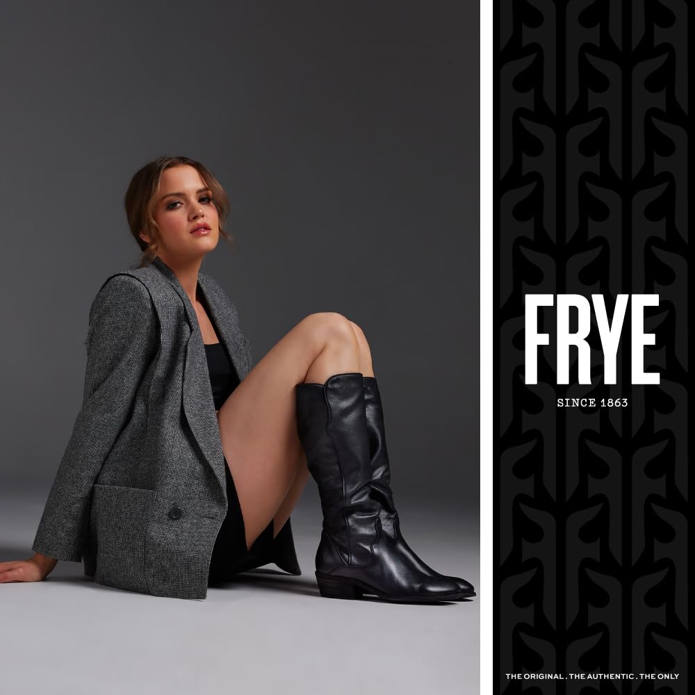 Frye Carson Piping Tall Boots for Women Made from Antiqued Pull-Up Leather with Western-Style Piping, Inside Zipper Closure, and Low Heel – 15" Shaft Height, Black - 7M