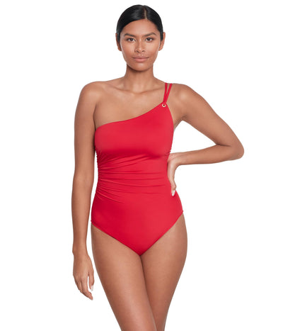 Lauren Ralph Lauren Womens Beach Club Solids Double Strap One Shoulder One-Piece Red 16