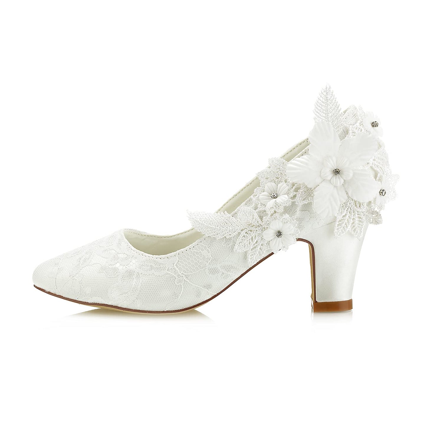 JIAJIA 62311 Women's Bridal Shoes Closed Toe 2.7" Chunky Heel Lace Satin Pumps Satin Flower Wedding Shoes Colour Ivory,Size 7.5 B(M) US/38 EU