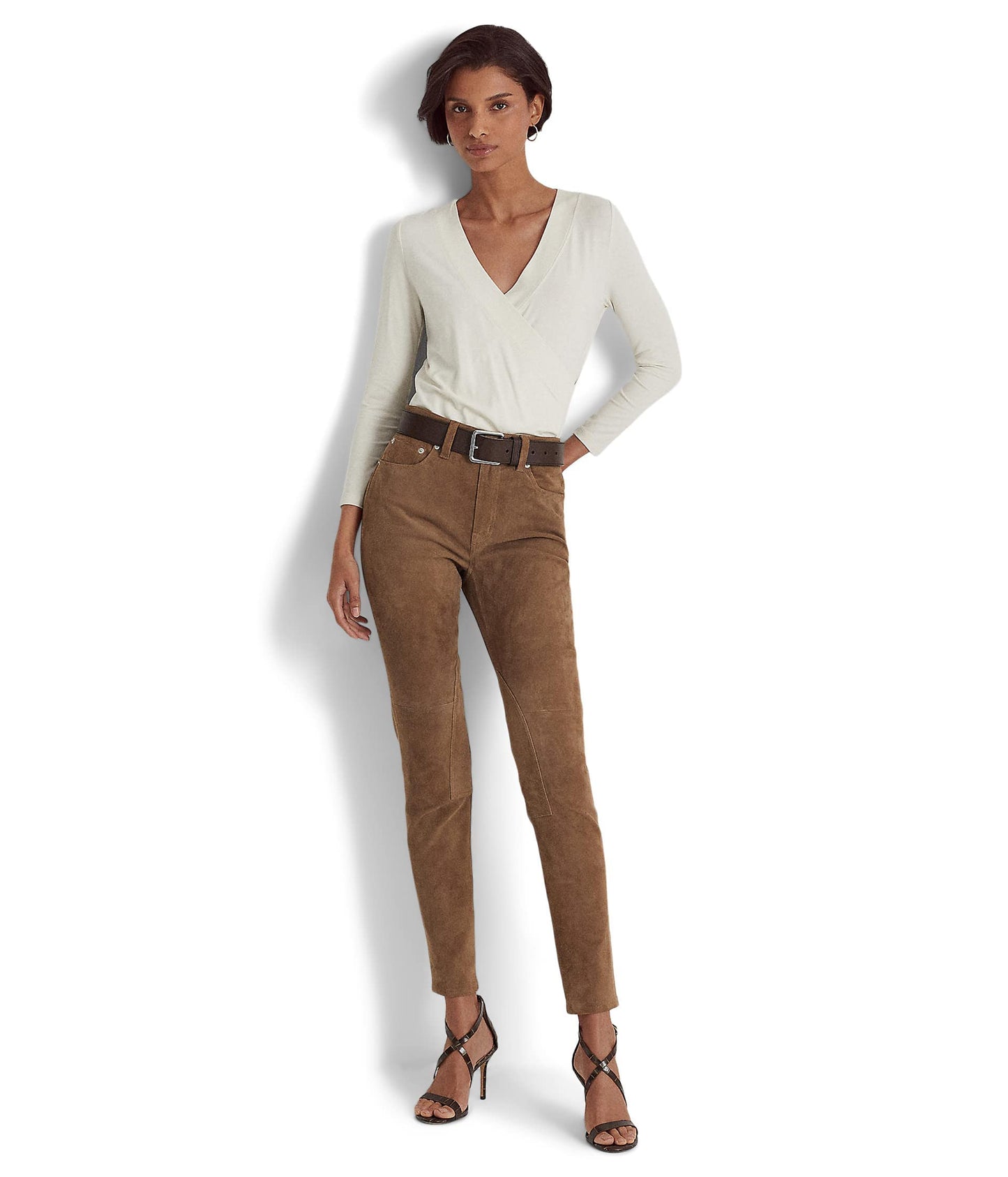 Lauren Ralph Lauren Womens Ruched V -Neck Wrap Top Ivory M
