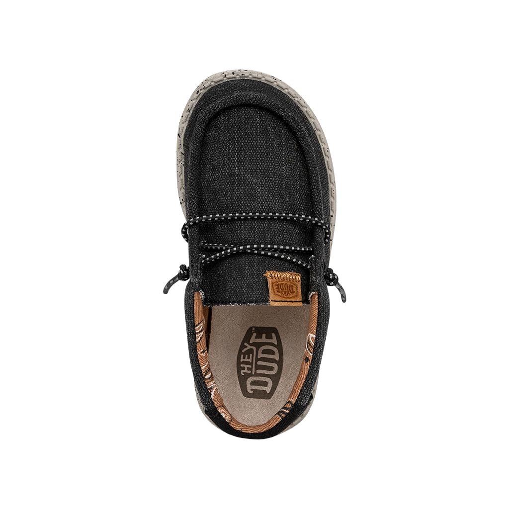 HEYDUDE Wally Toddler Washed Canvas | Boy's Loafers | Boy's Slip On Shoes | Comfortable & Light Weight Black