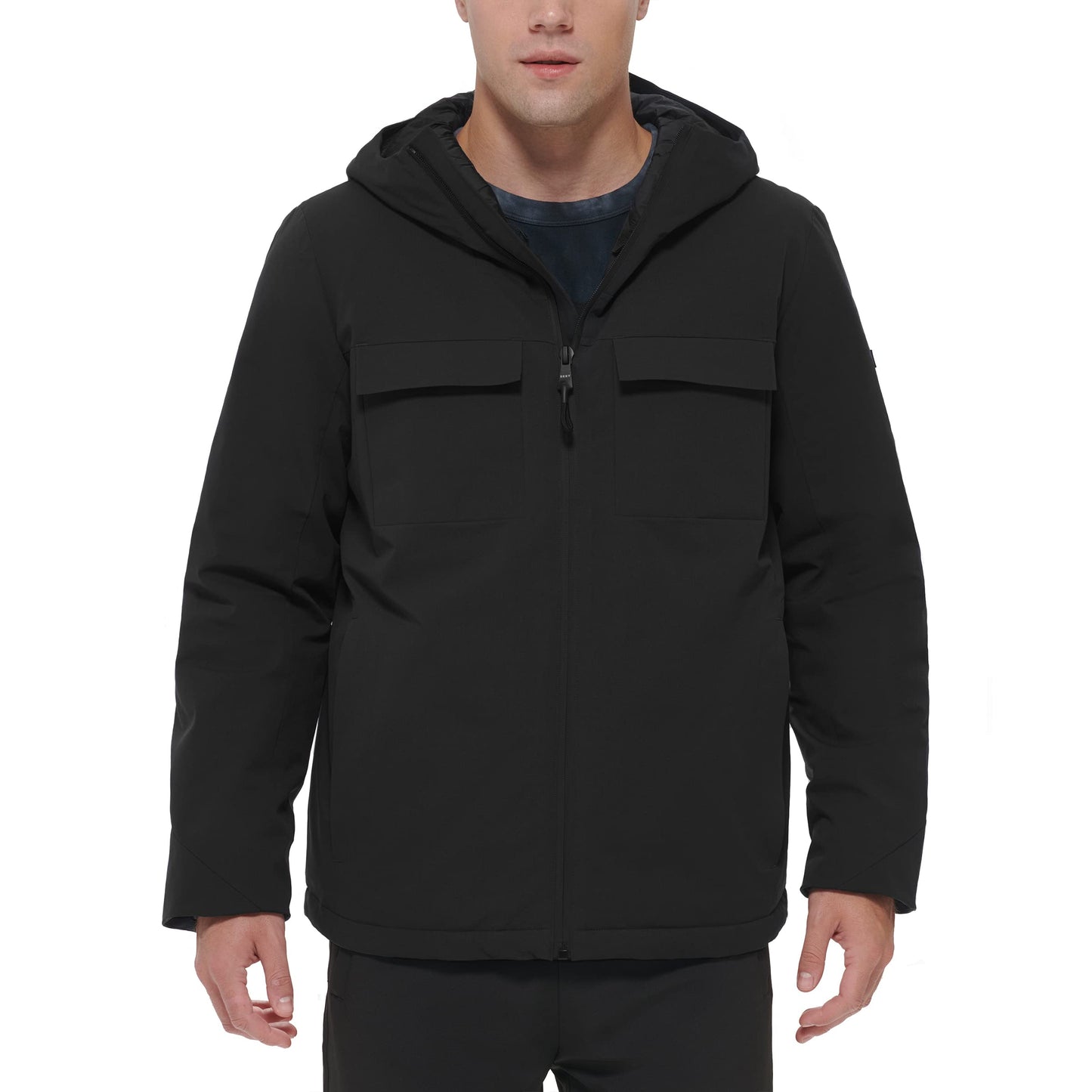 DKNY Men's Performance Tech Hooded Modern Storm Coat, Black Filled, X-Large