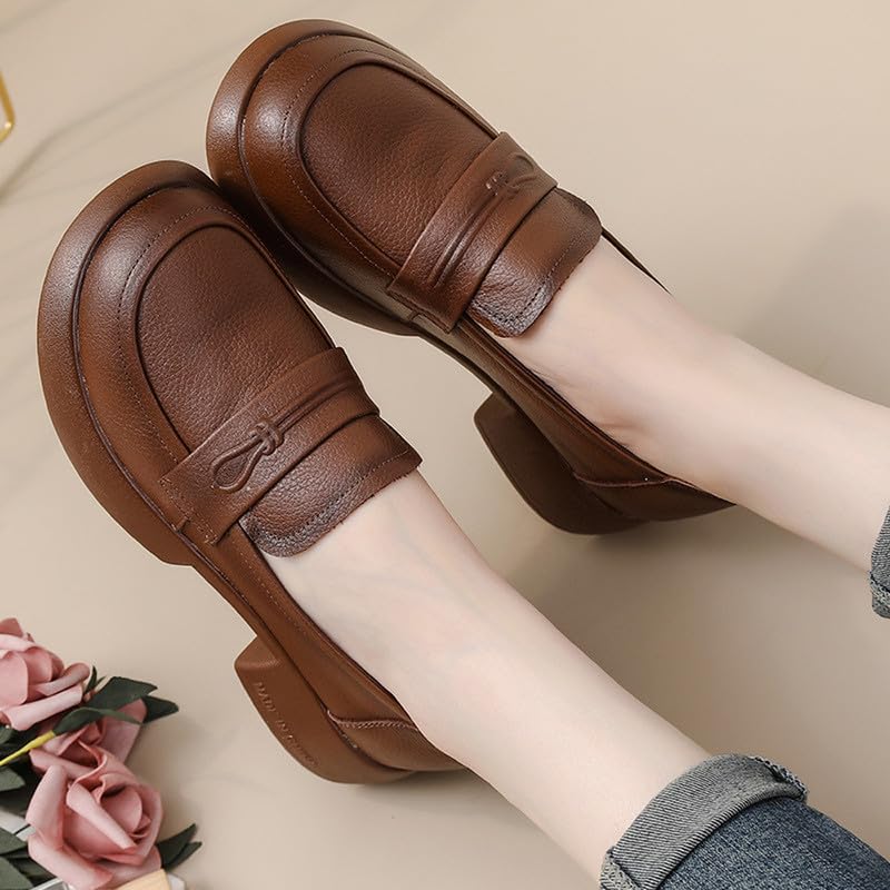 Gloritmo Women's Penny Loafers Low Chunky Heel Brown Leather Dress Shoes for Work US Size 6