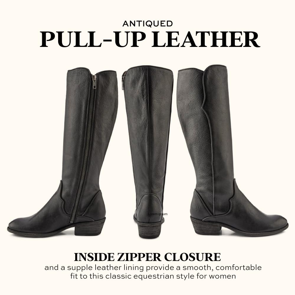 Frye Carson Piping Tall Boots for Women Made from Antiqued Pull-Up Leather with Western-Style Piping, Inside Zipper Closure, and Low Heel – 15" Shaft Height, Black - 7M