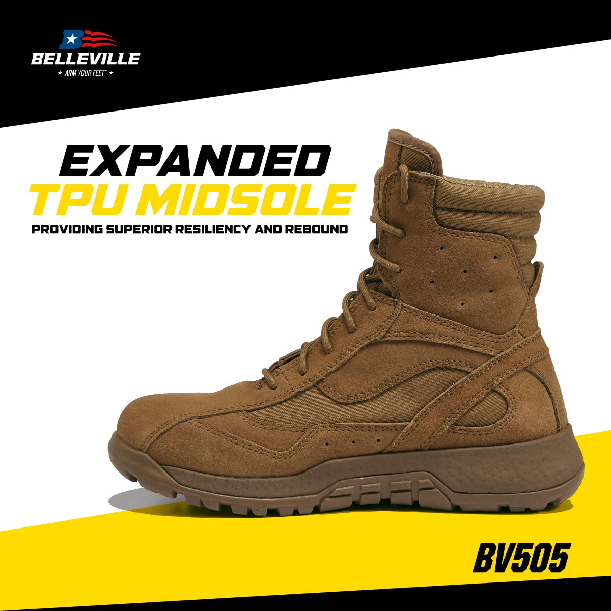 Belleville BV505 AMRAP Field Boot - AR 670-1 Compliant Tactical Boots - Moisture Wicking Paratrooper Footwear - TPU Midsole & EVA Footbed Motorcycle Shoes - Coyote - 4 Wide