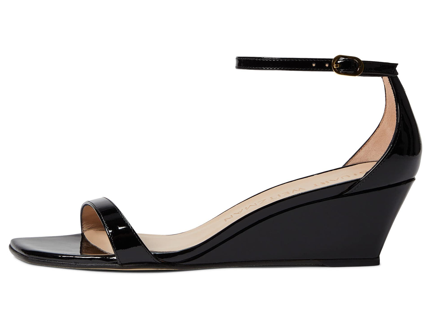 Stuart Weitzman Nudistcurve 50 Wedge Heels for Women - Leather Upper, Square-Toe with Thin Strap, and Adjustable Ankle Strap Black 10 B