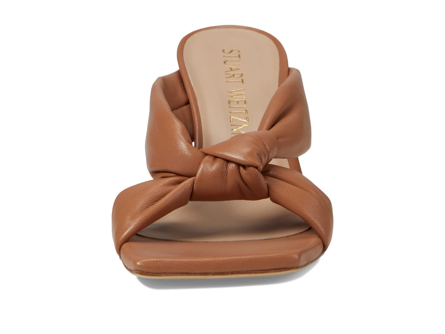 Stuart Weitzman Playa 75 Knot Sandal for Women - Sculptural Heel, Voluminous Knotted Detail, and Lacquered Nappa Leather Footwear Tan 7.5 M