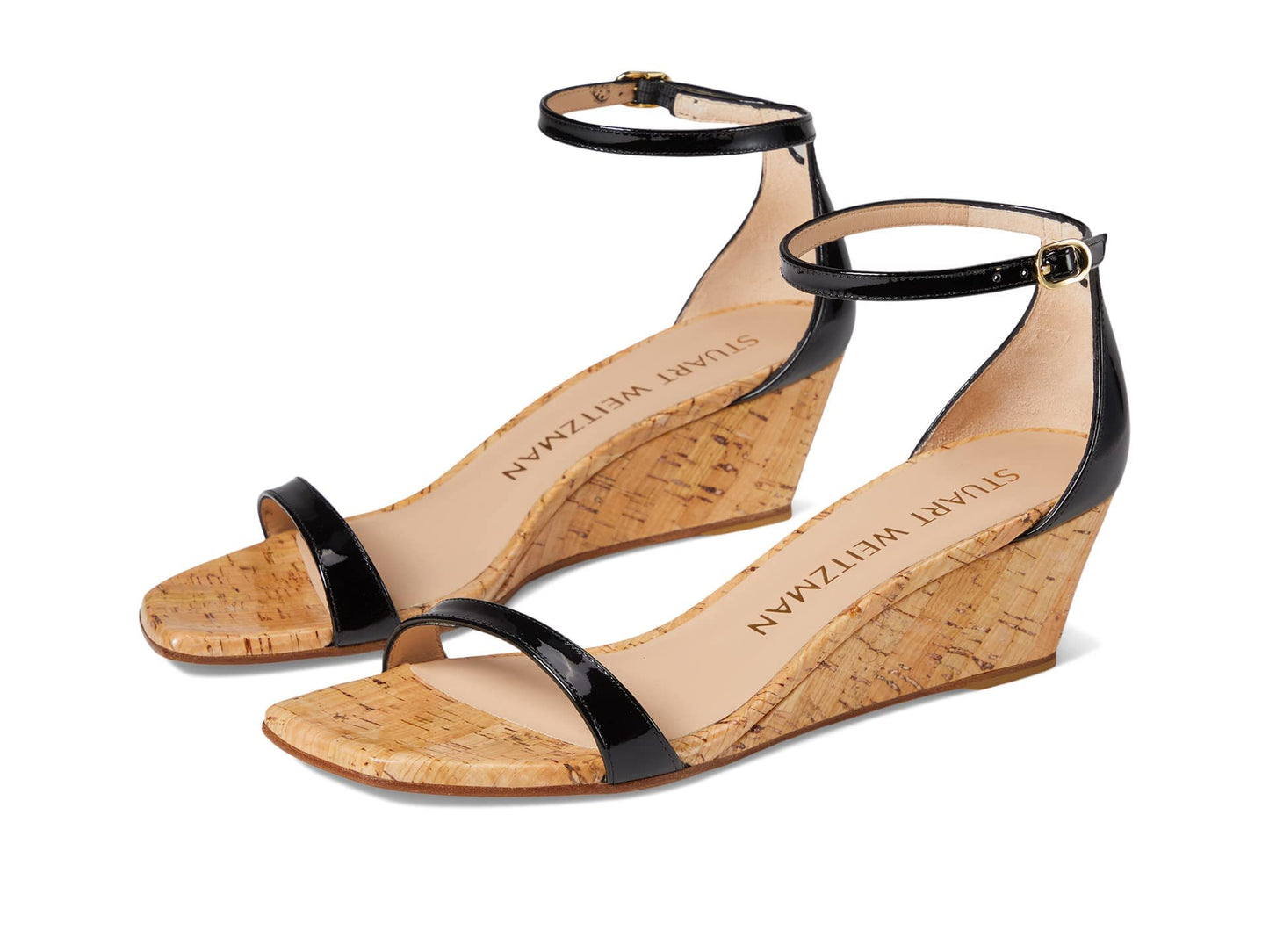 Stuart Weitzman Nudistcurve 50 Wedge Heels for Women - Leather Upper, Square-Toe with Thin Strap, and Adjustable Ankle Strap Black 1 6.5 B