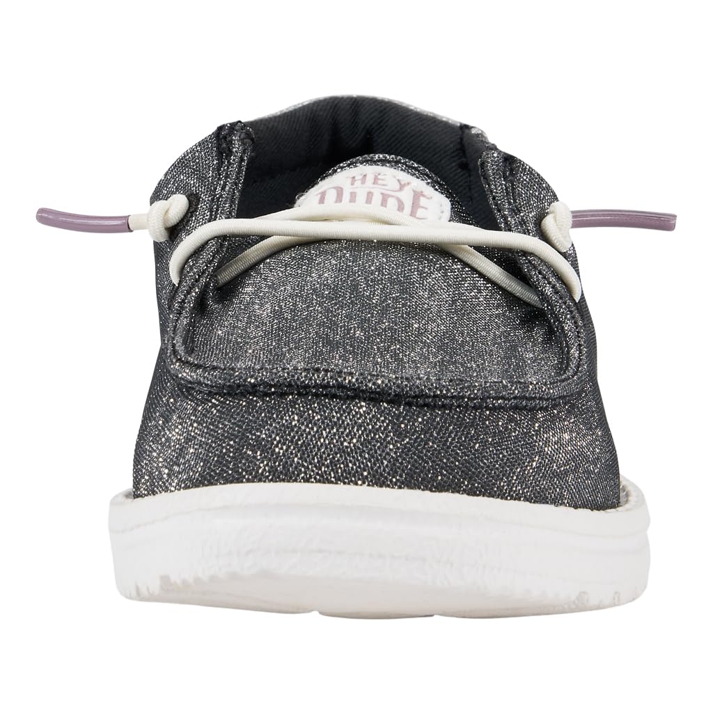 HEYDUDE Girl's Youth Wendy Metallic Sparkle Slip On Shoe, Charcoal Size 6 | Glitter Upper | Easy On Elastic Lace Sneaker