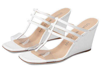 Stuart Weitzman Deco 85 Wedge Heels for Women - Slip on Style with Square Toe Construction, Chic and Gorgeous Wedge Heels White/Clear 9 B