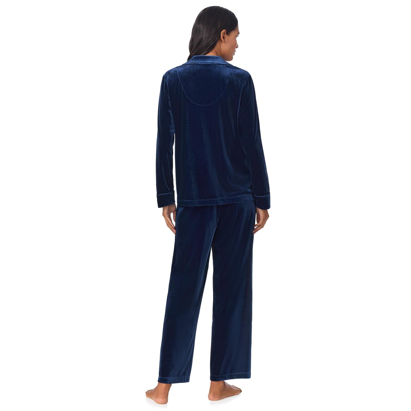 Lauren Ralph Lauren Womens Long Sleeve Velvet Notch Collar Long Pajama Set Navy Medium