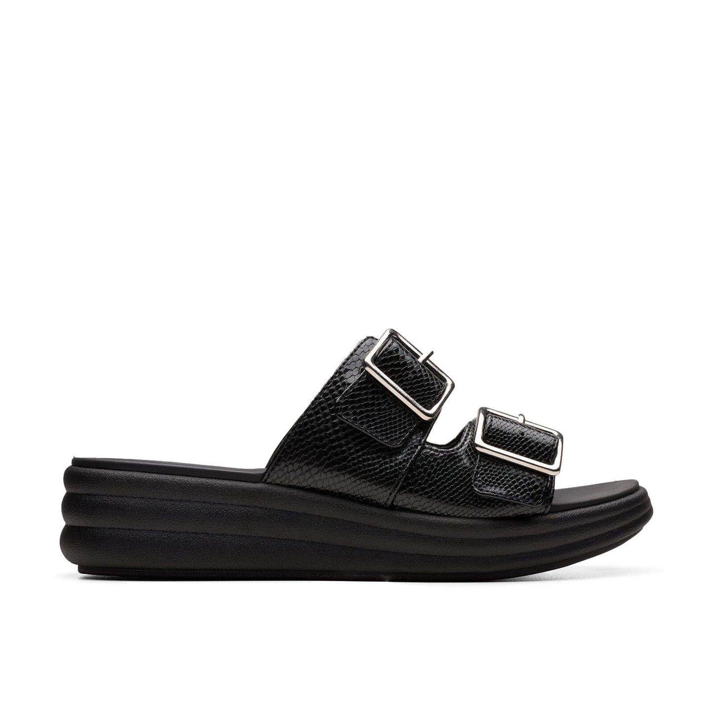 Clarks Womens's Drift Buckle Slide Sandal, Black Snake, 6 Medium US