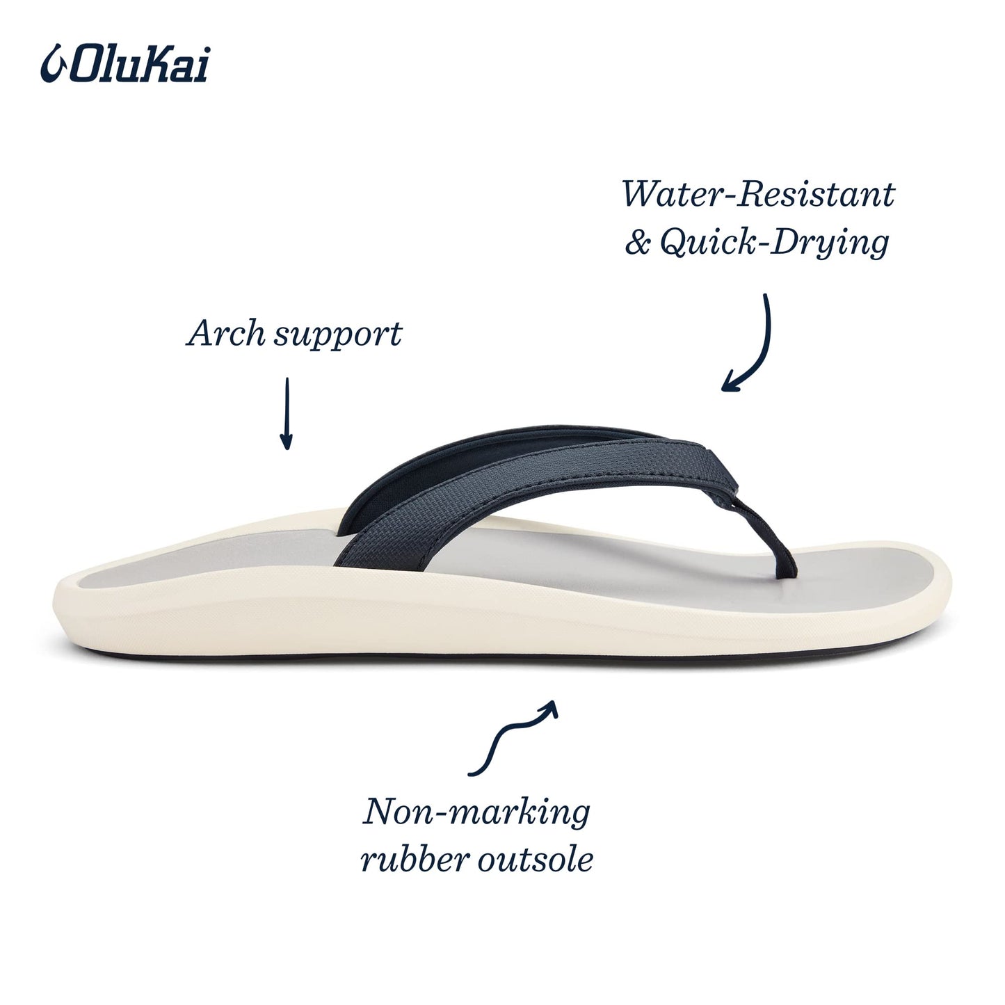 OLUKAI Pi'oe Women's Beach Sandals, Water-Resistant Flip-Flop Slides, Ulta Soft & Comfortable Fit, Wet Grip Soles, Trench Blue/Mist Grey, 6