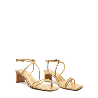 SCHUTZ Women's Aimee Mid Block Sandal, Ouro Claro, 7