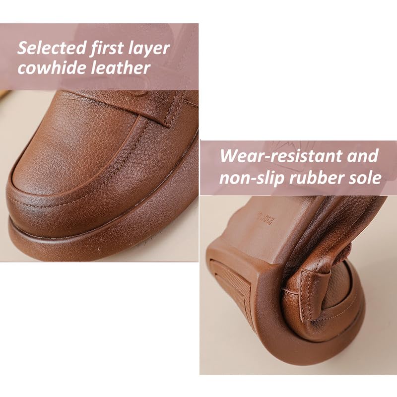 Gloritmo Women's Penny Loafers Low Chunky Heel Brown Leather Dress Shoes for Work US Size 6